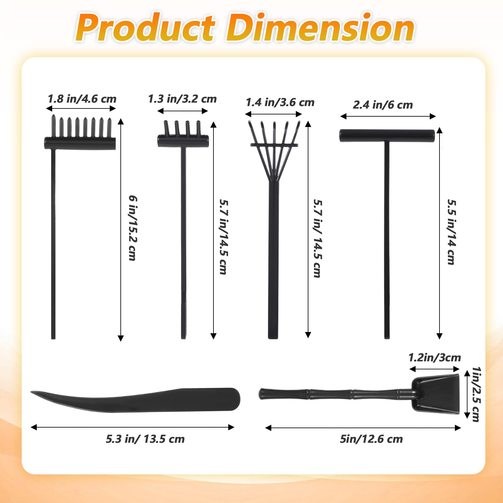 Mabor Lot de 6 mini râteaux de jardin zen, accessoires de jardin zen, outils miniatures de table pour décoration de jardin, noir