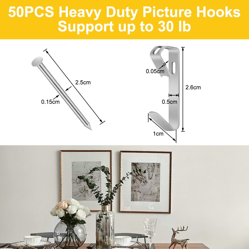 Kit per appendere quadri, 100 pcs Ganci per quadri resistenti, Gancis per cornici con chiodi, Kit di Gancis Cornice per Pareti Dure reggono 30 libbre (30LB), per pareti dure,ufficio,casa,argento