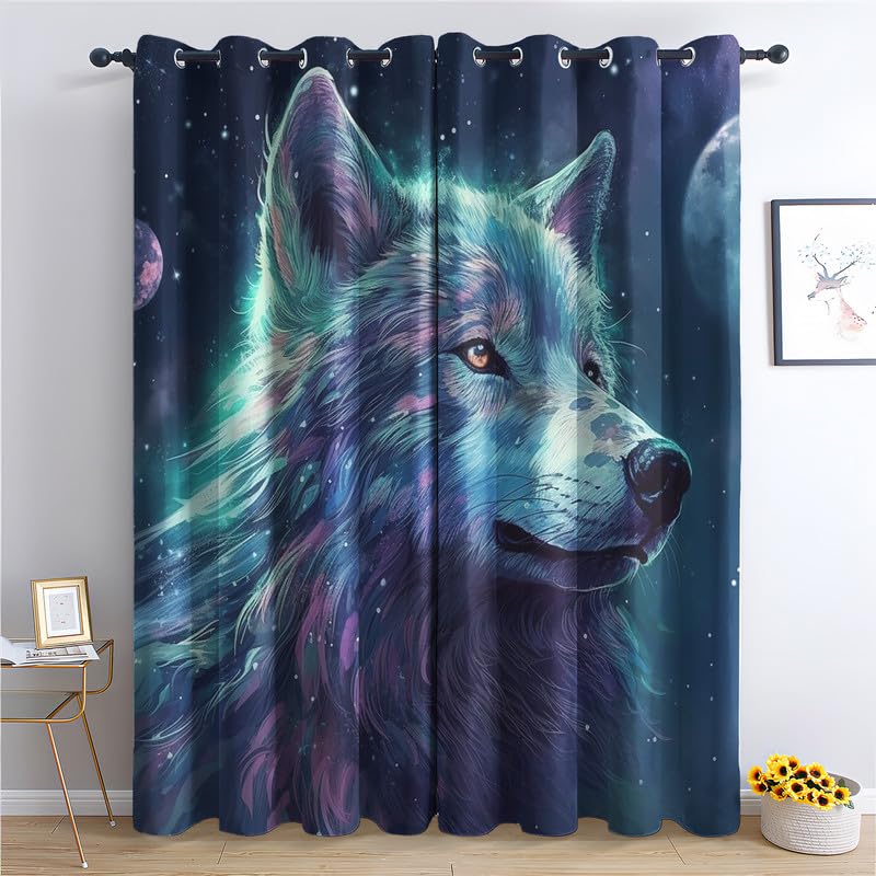 Rideau Occultant Loup, Motif Rideaux Thermiques à Oeillets, Rideaux Imprimé pour Salon Chambre Fenetre Moderne Décoration, 140x240 cm (L x H), Lot de 2