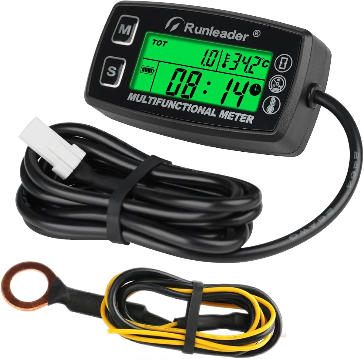 Medidor de horas de tacómetro digital Indicador de temperatura del motor RL-HM035A-TS002 | Alerta de RPM y temperatura, pantalla de retroiluminación, para generador de compresor de tractor de césped, para motos acuáticas marinas de nieve, para Pit Bike