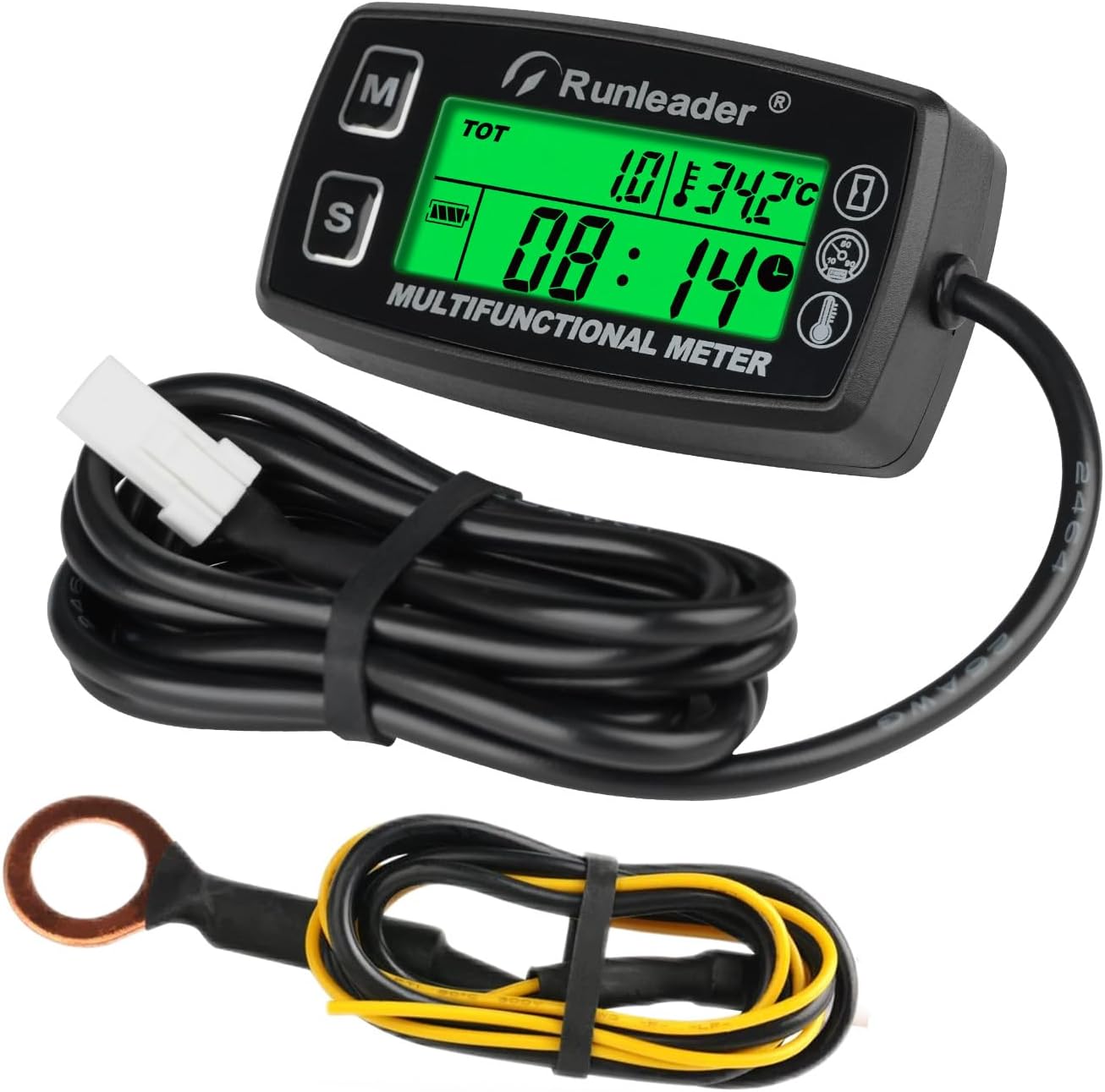 Runleader Digital Tach Hour Meter,Engine Temperature Gauge,Alert RPM & Temp,Backlights Display for Lawn Tractor Compressor Generator Snowmobile Marine Jet Ski Pit Bike