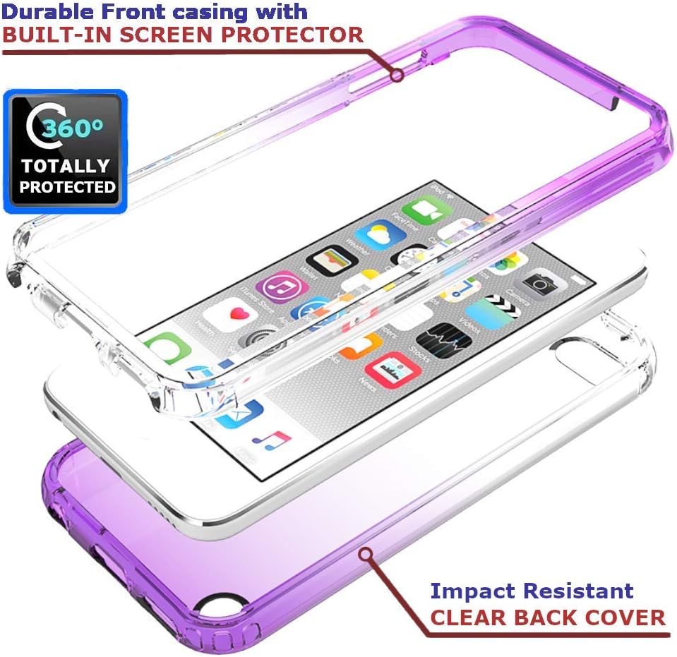 Purple iPod Touch Case with Built-In Screen Protector for 5, 6, and 7 Generation, Anti-Scratch and Shock-Resistant Cover for Apple iPod with Soft-Grip Bumper, Transparent and Slim Fit Protective Shell
