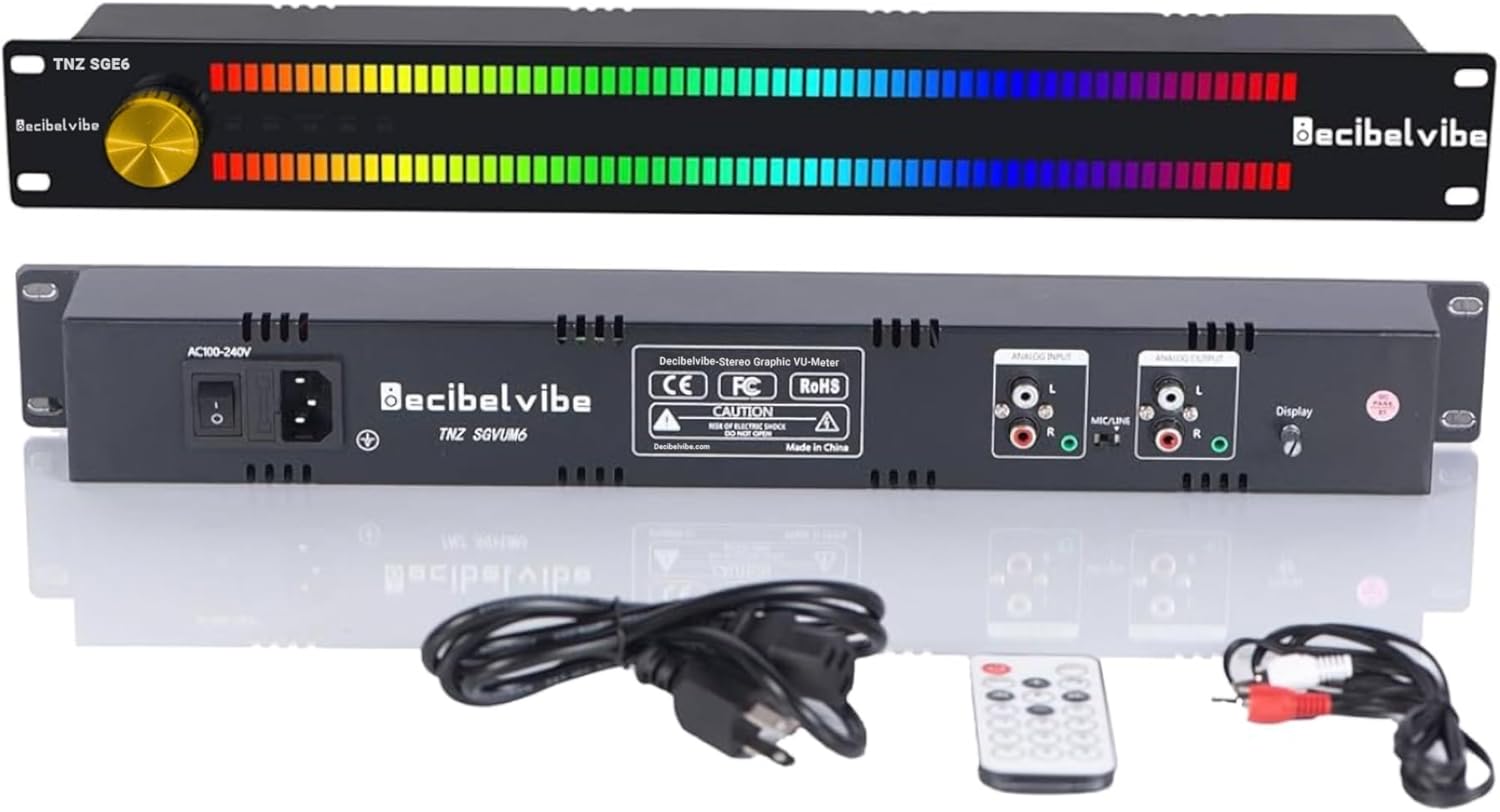 Decibelvibe TNZ SGVUM6 - Audio Graphic VU Meter with Rear RCA/3.5 Auxiliary Input and Output, Wireless Input Through a Built-in Microphone, with 19 Colors for Home, Professionals (Gold) Black-Gold