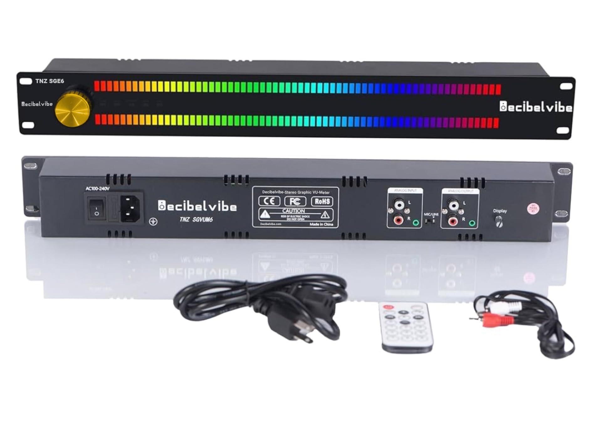 Decibelvibe TNZ SGVUM6 - Audio Graphic VU Meter with Rear RCA/3.5 Auxiliary Input and Output, Wireless Input Through a Built-in Microphone, with 19 Colors for Home, Professionals (Gold)