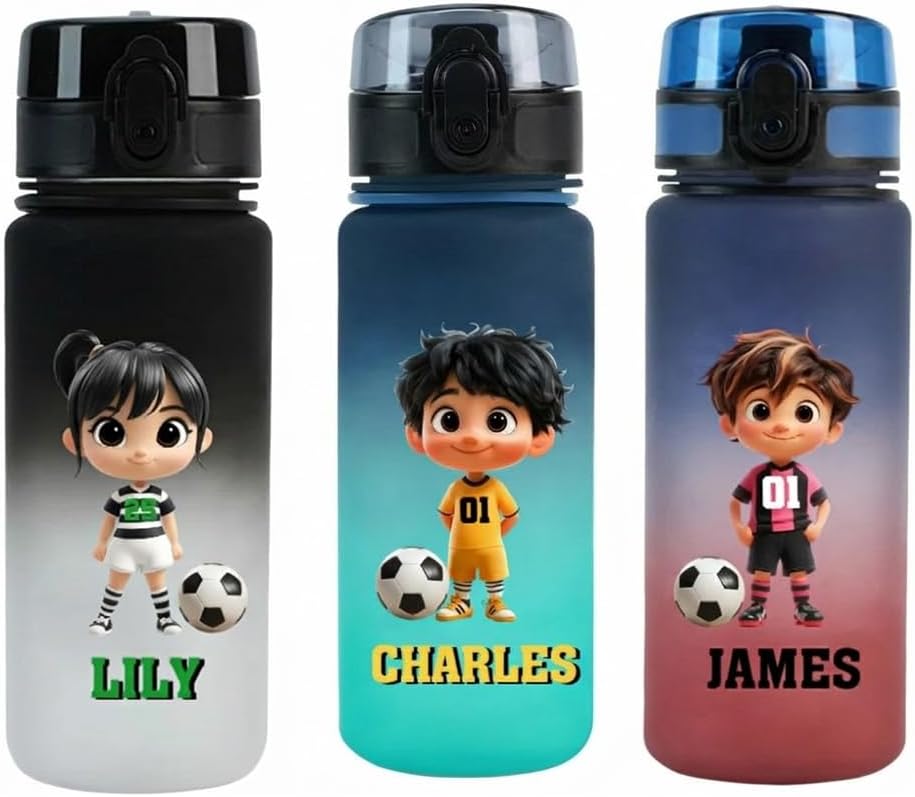 callie Personalized Soccer Water Bottle for Kids, Custom Cartoon Character Leak Proof Sport Bottle for Boys Girls, Soccer Gifts for Children, 17 oz, 22oz, 34oz