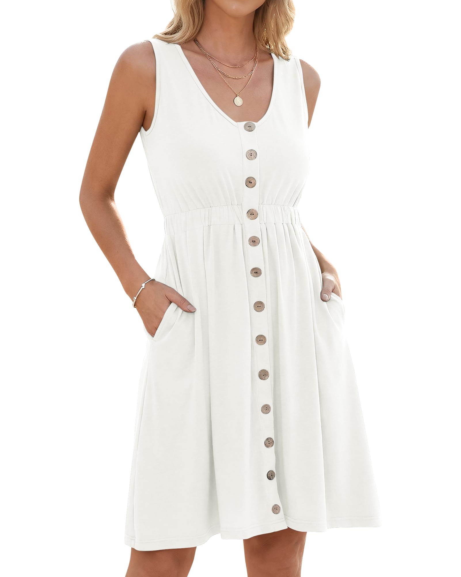 AUSELILY Sommerkleid Damen Ärmellos V-Ausschnitt Minikeid Casual Button Down Strandkleid mit Taschen