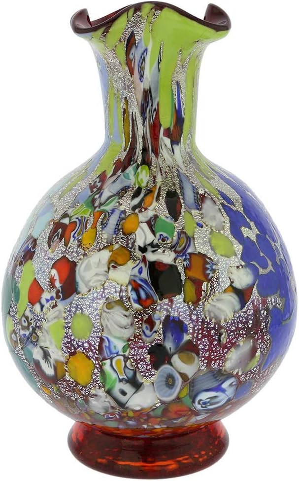 GlassOfVenice Murano Glass Millefiori Vase - Silver Red