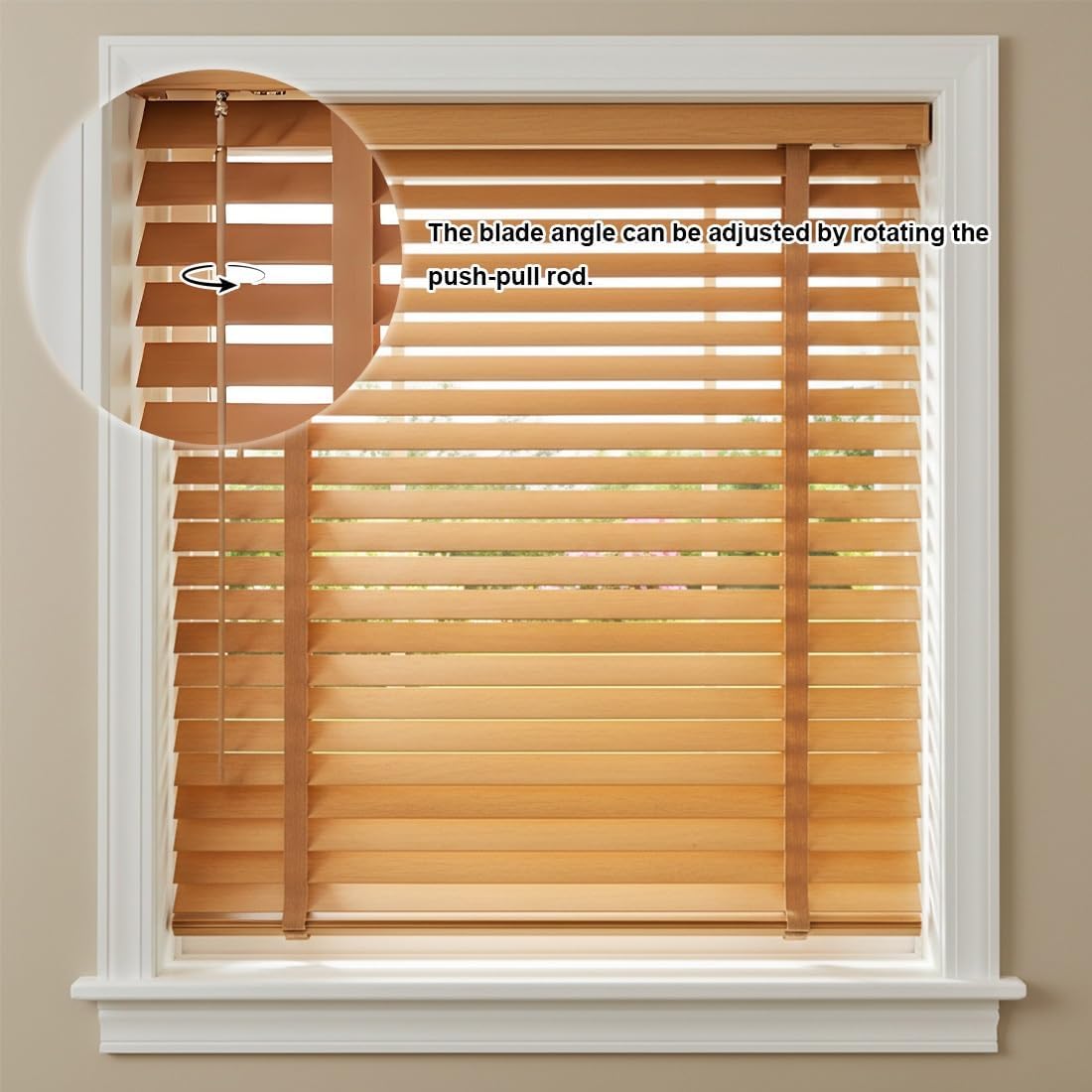 2'' Slats Wood Window Blinds Cordless, Room Darkening Horizontal Venetian Blinds for Indoor Windows, Privacy Blackout Wooden Window Shades for Living Room, Home Office, Kitchen