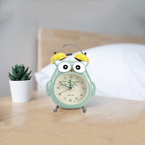 Miniatura 4 de Reloj despertador para niños, diseño de búho de dibujos animados, timbre fuerte, despertador, sin tictac, reloj de escritorio con luz nocturna