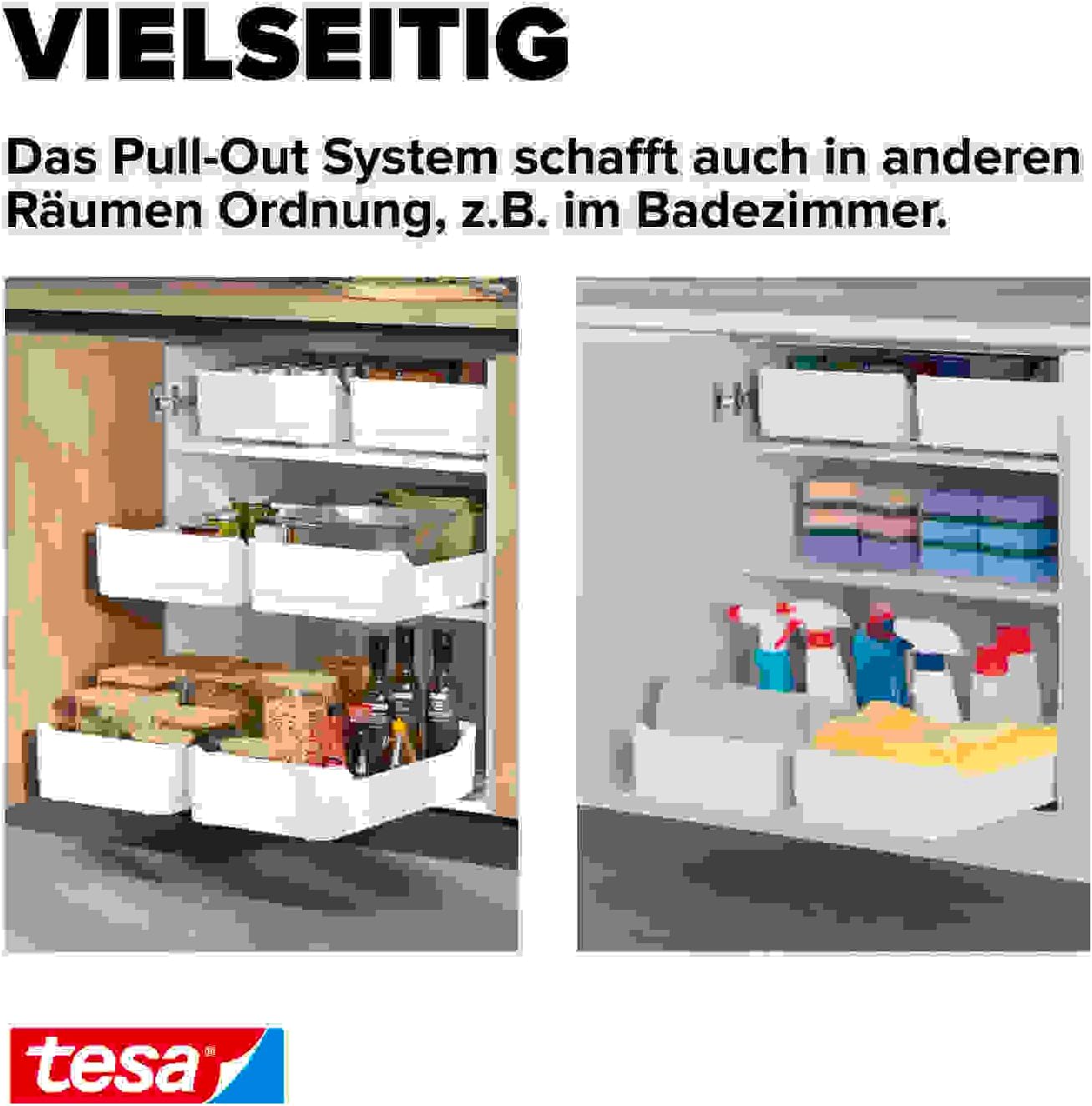 tesa Pull Out Extendable Kitchen Drawer - Self-adhesive Floor Slide for Kitchen Cabinets - Drill Free Drawer Runners - Telescopic Organiser for Kitchen Utensils