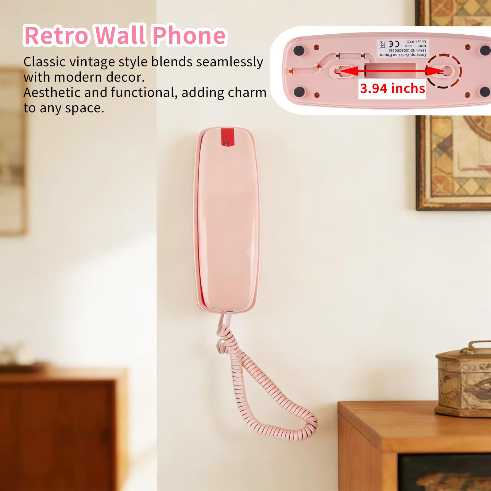 Różowy telefon stacjonarny zainspirowany telefonem księżniczki w stylu lat 90. z głośnym dzwonkiem 110DB+, retro telefon ścienny nie wymaga zasilania, różowy telefon przewodowy dla dzieci/seniorów