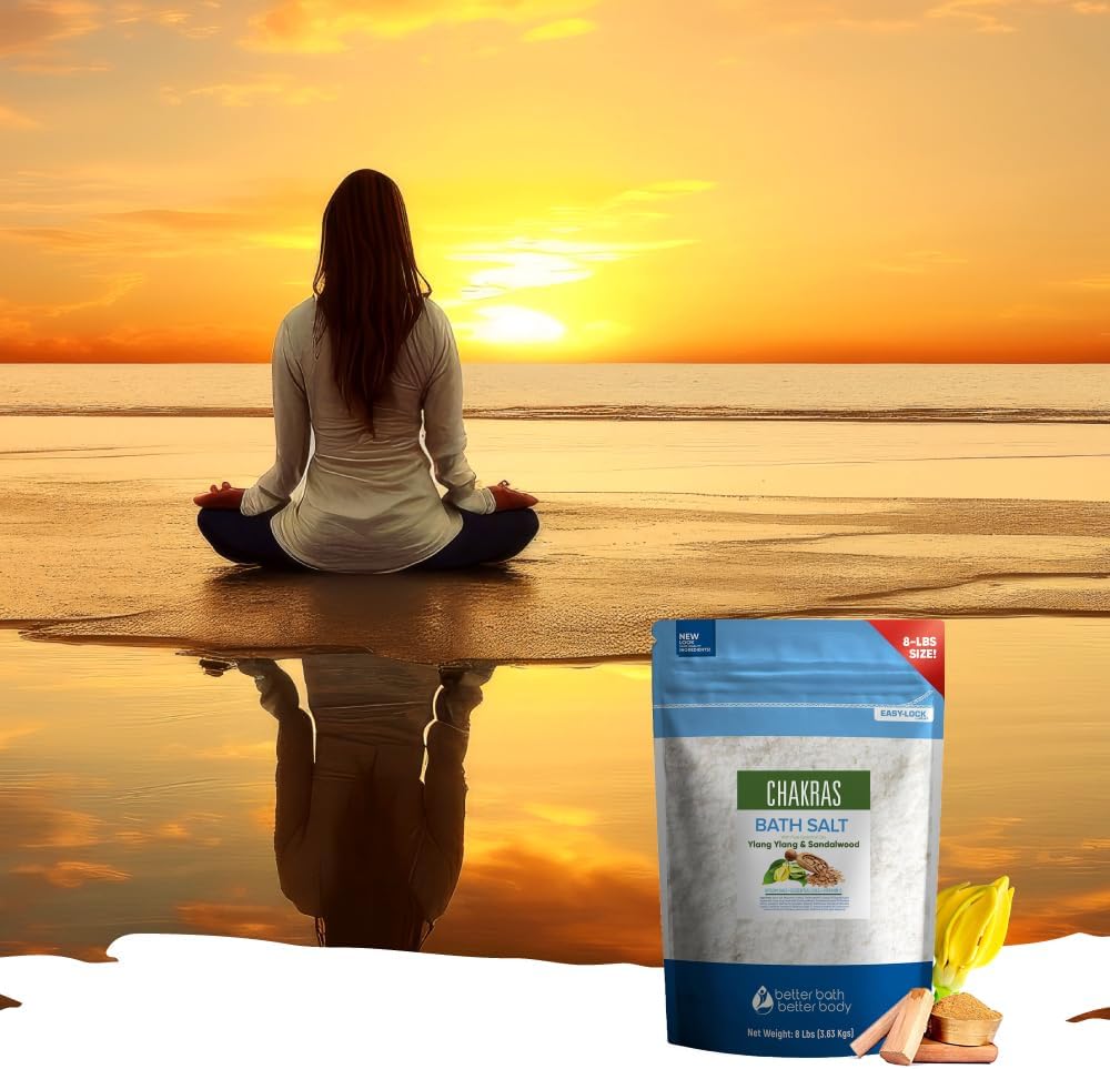 Chakras Bath Salt 128 Ounces (8 Lbs) Epsom Salt with Natural Ylang Ylang and Sandalwood Essential Oils Plus Vitamin C in BPA Free Pouch with Easy Press Lock Seal Made in USA