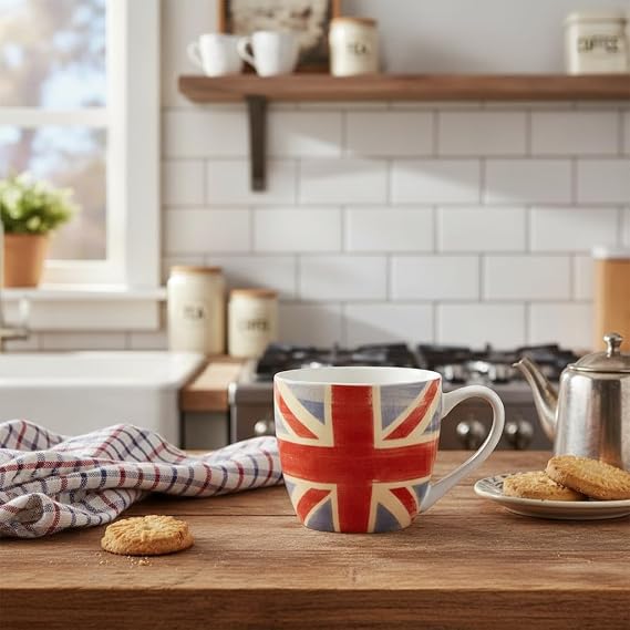 Pimpernel Union Jack Mug - 16 Oz | Porcelain construction: 16 oz mug with bold Union Jack British flag design, suitable for coffee, tea & cocoa, dishwasher safe