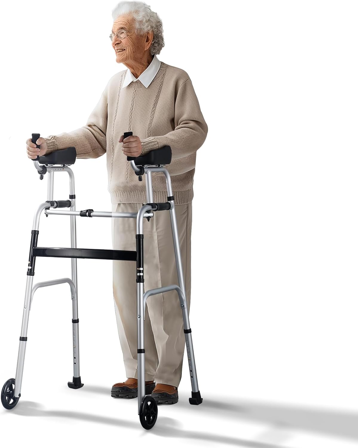 VEVOR 2 in 1 Folding Walker & Removable Armrests, Height Adjustable Foldable Walker with 5" Solid Wheels, Lightweight Aluminum | Front Wheeled Mobilit