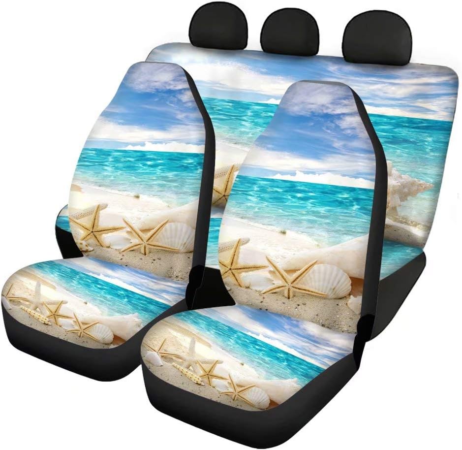 Forchrinse Sea Shell Ocean Beach Scene Bucket Seat Cover + Rear Bench Protector,Universal Fit Car Sear Cover Full Set for Car,Vans,SUV