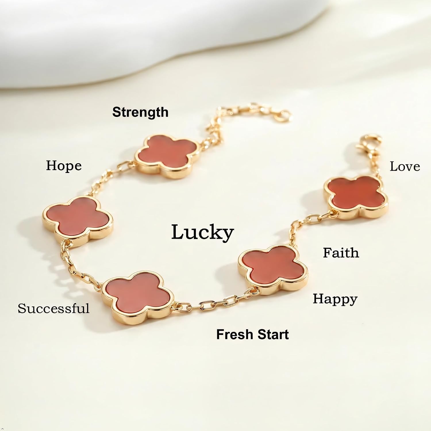 Gold Plated Clover Bracelet with Natural Red/Black Agate, Feng Shui Wealth and Good Luck Boost, Gift for Women and Men