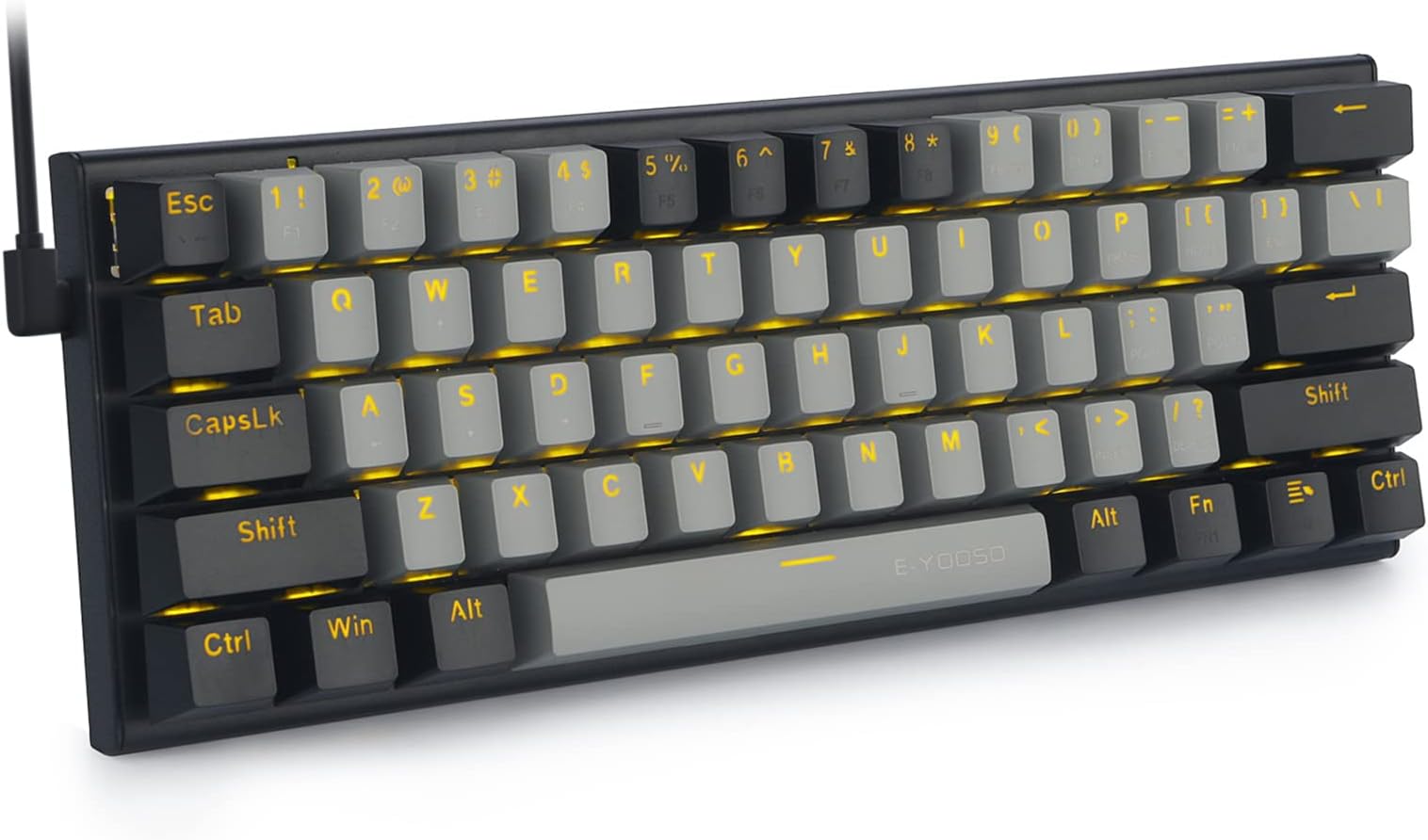 HUO JIMechanical Keyboard 61 Keys, Red Switch, 60% Small, Compact Keyboard, USB Wired, English Layout, Compatible Gaming Keyboard, Gray + Black, Red Switch