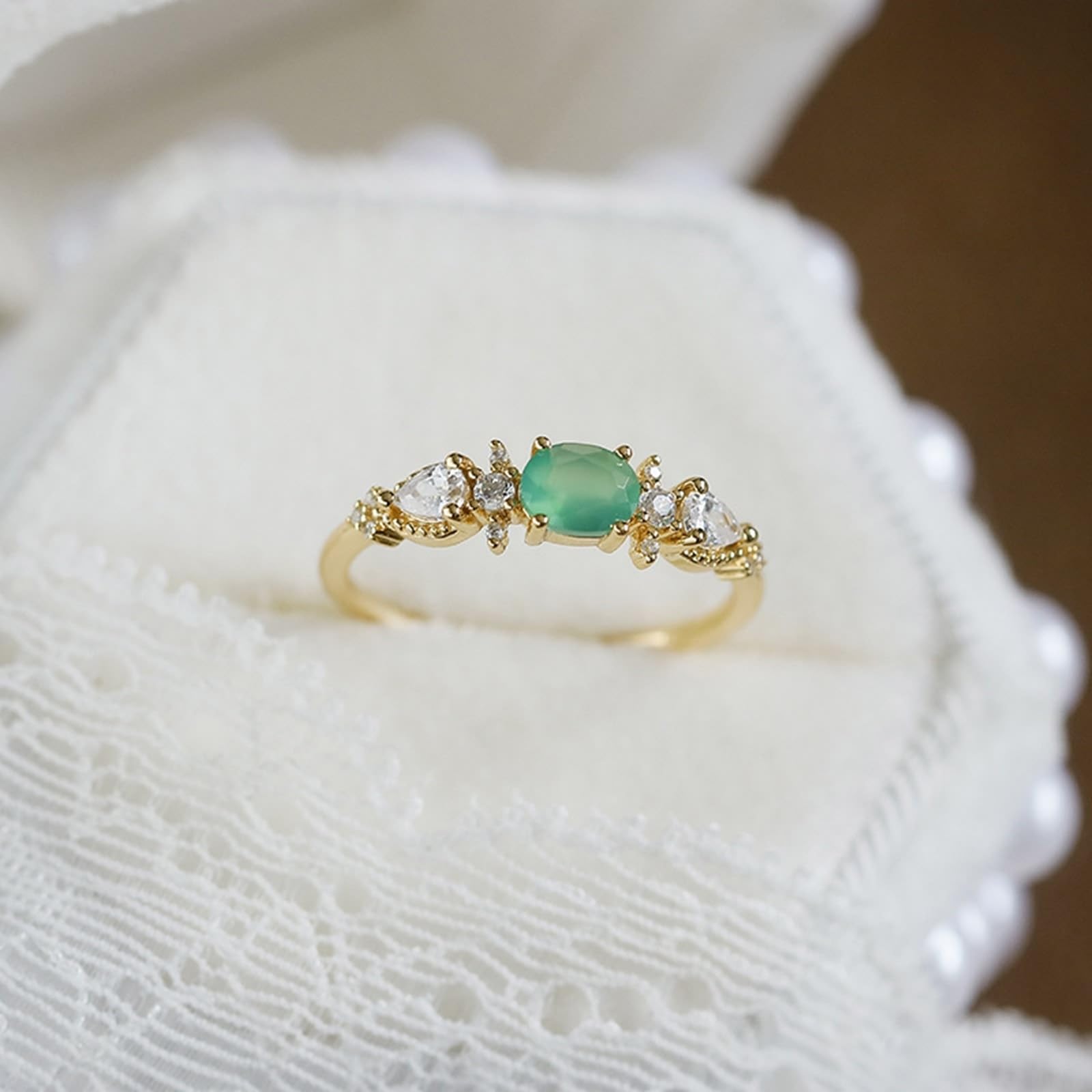 Anelli per partner in oro giallo 9 K/14 K/18 K con calcedonio verde ovale, classici