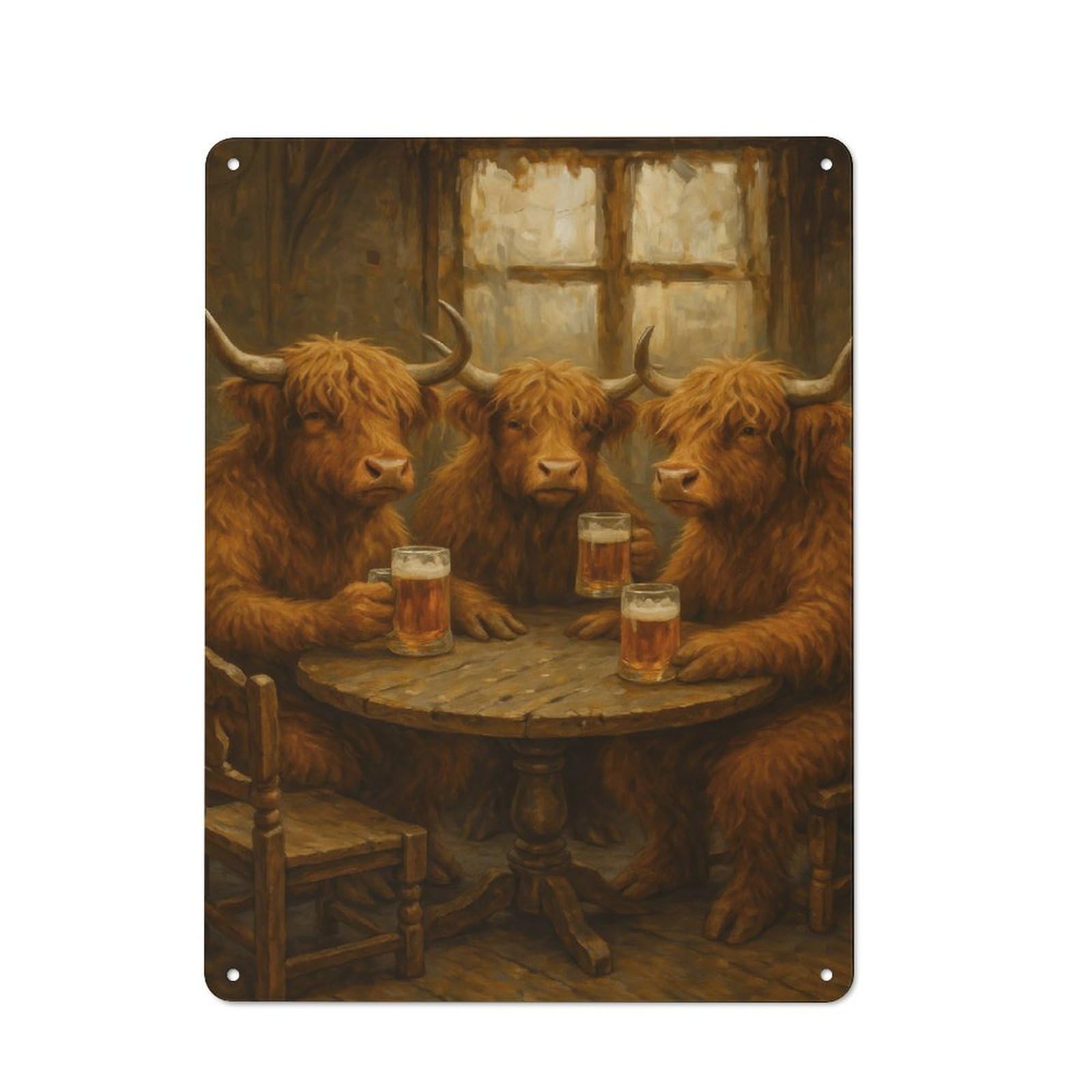 Metal Wall Sign 40x30cm Featuring Cows Drinking Beer at A Table for Garage Or Workshop, Suited to DIY Enthusiasts