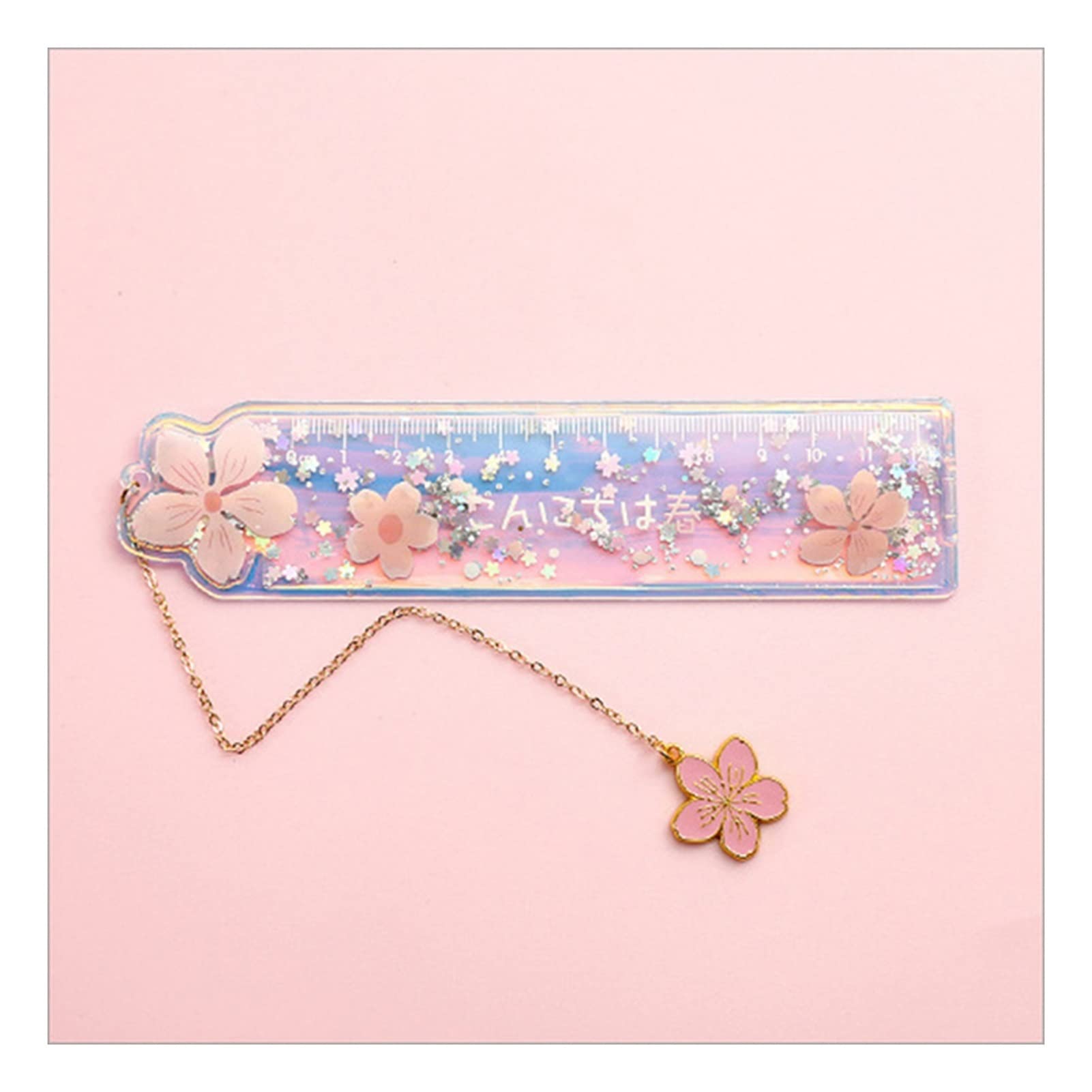 oiujhgCDS Rulers, Creative Cartoon Bookmark Cute Girl Cherry Flower Quicksand Plastic Ruler Measuring Straight Gift Stationery Set(D1)