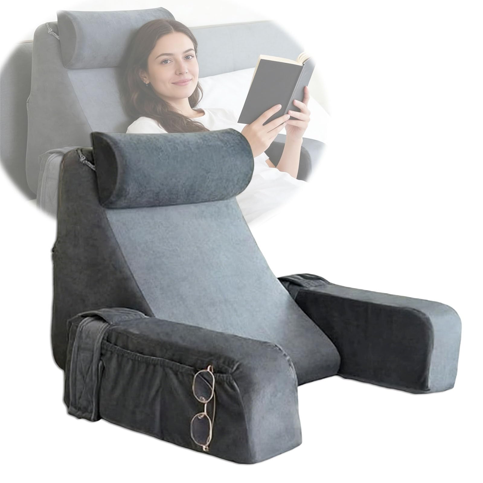 Cuscino da lettura per letto e divano, con braccioli e cuscini per la testa rimovibili, ergonomico, per la schiena, colore grigio, per leggere, lavorare, guardare la TV