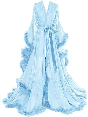 Molisa Womens Sexy Feather Bridal Robe Long Wedding Scarf Illusion Bathrobe Sleepwear Lingerie Robe Nightgown - 4X-Large - Light Blue