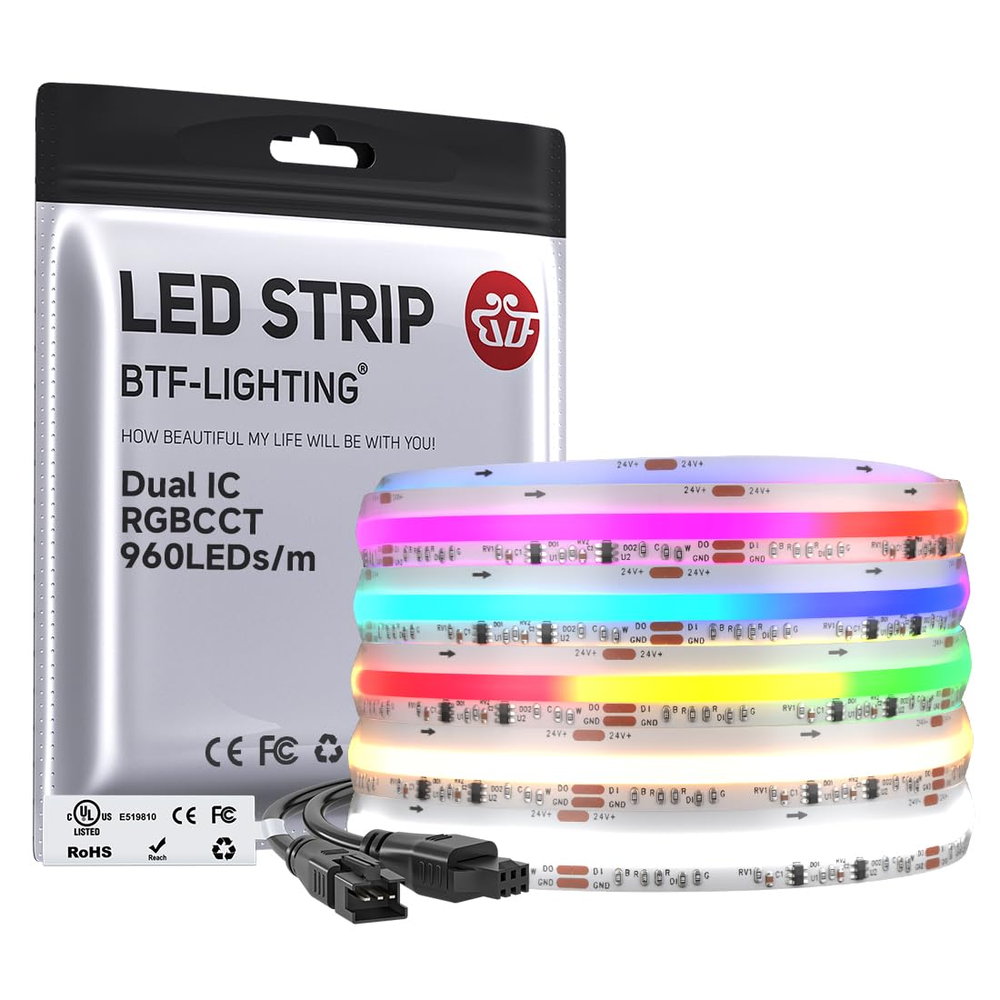 BTF-LIGHTING FCOB COB RGBCCT SPI LED Strip Dual IC 5M 960LEDs/m DC24V IP66