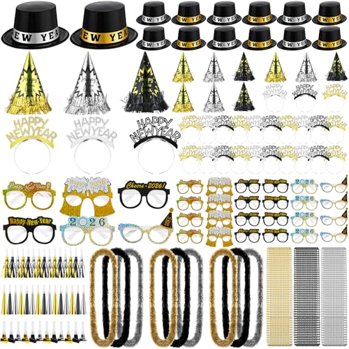 JellyArch 204 Pcs 2026 New Year's Eve Party Supplies for 50 Guests Includes Top Hats Cone Hats Tiaras Glasses Horns Squawkers Blowouts Bead Necklaces Lei Necklace Happy New Year Party Favors by JellyArch - Used condition - US$16.12