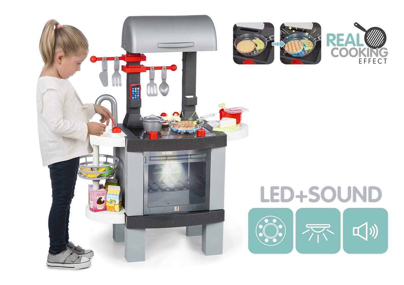 Chicos - Cocina de Juguete 2en1 Cooking BBQ | Cocinita y Barbacoa Infantil con Efecto de Cocina Real: Los Alimentos cambian de Color Cuando se cocinan en el fogón LED | Incluye 25 Accesorios (85100)