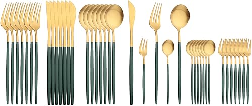 JASHII Juego de 40 cubiertos de color verde mate y dorado, juego de cubiertos de acero inoxidable para 8 personas, incluye cucharadas de tenedor