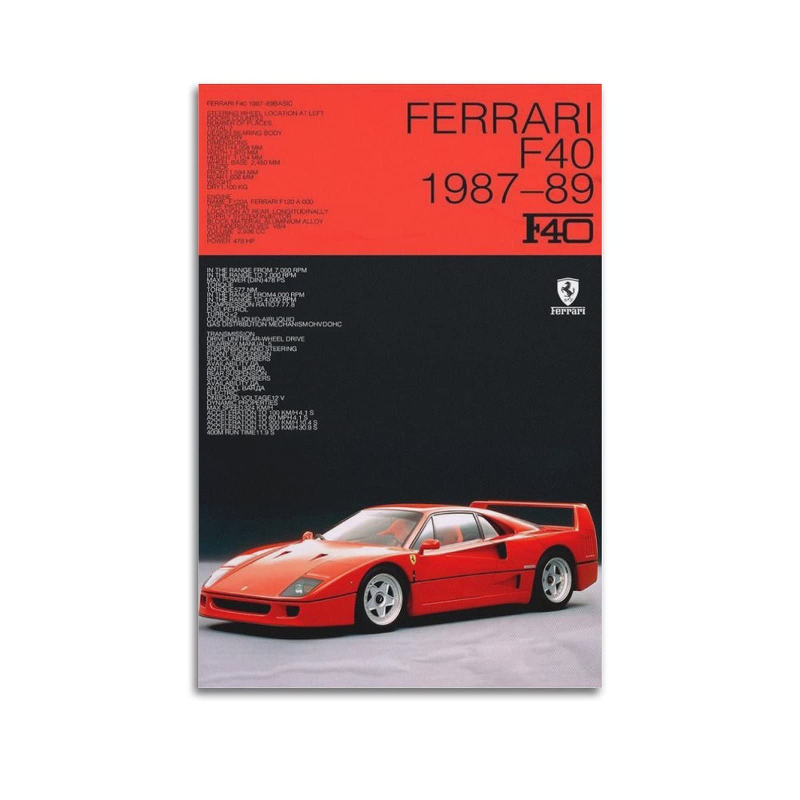 Racing Car Poster for Ferrari F40 Sports Car Decorative Painting Canvas Wall And Art Picture Family Bedroom Decor 16x24inch(40x60cm)