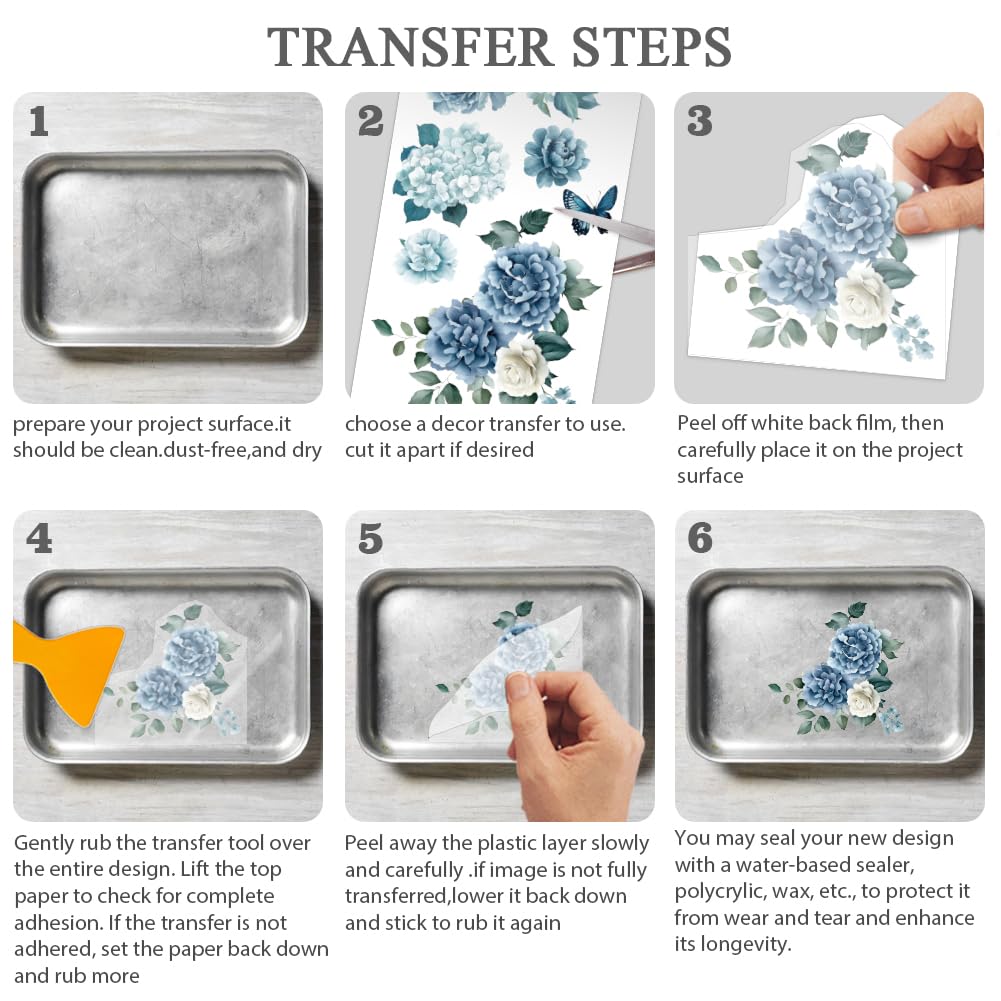 OLYCRAFT Set da 6 pezzi di fiori blu verdi strofinano sui trasferimenti per mobili e mestieri 15 x 30 cm farfalle decalcomanie per mobili decalcomanie per mobili e piante adesivi trasferimento con 1