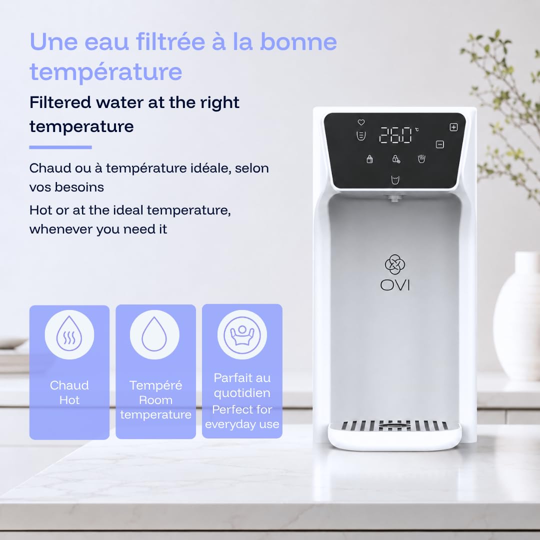 OVI E Distributeur d’Eau Chaude 95°C Instantanée – Filtrée 4 Étapes + UV-C – Sans Raccordement, Plug & Play – Maison, Bureau, Voyage (Blanc)