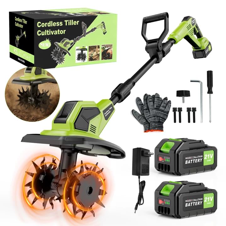 Cordless Tiller Cultivator 21V Lightweight Tiller forGardening with 2 * Batteries Brushless Electric Tiller with48 Steel Tines 400RPM 9.5 Tilling Width 7 Depth forGardening Soil Turning