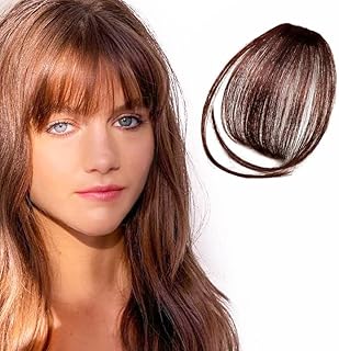 Clip in Bangs 100% Human Hair Extensions Wispy Bangs Clip in Hair Extensions Clip on Bangs, Brown Black Air Bangs Fringe with Temples For Women One Piece Hairpiece For Daily Wear (Dark Brown)