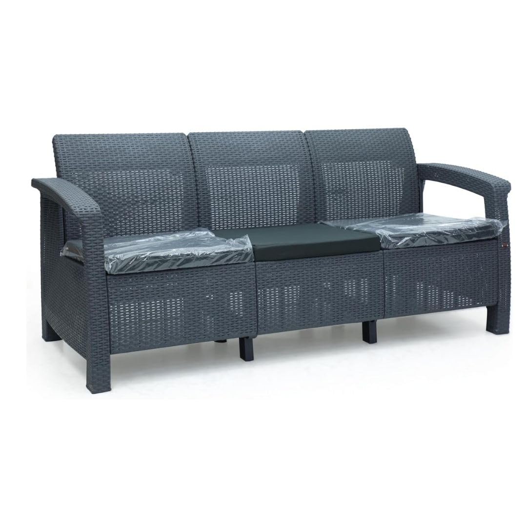 Dark Grey Rattan 3 Seater Sofa – Sofa 3 Seater Outdoor Furniture with Water & UV Resistant Cushions, Flexible for Indoor/Outdoor Spaces like Patio, Garden or Balcony Furniture