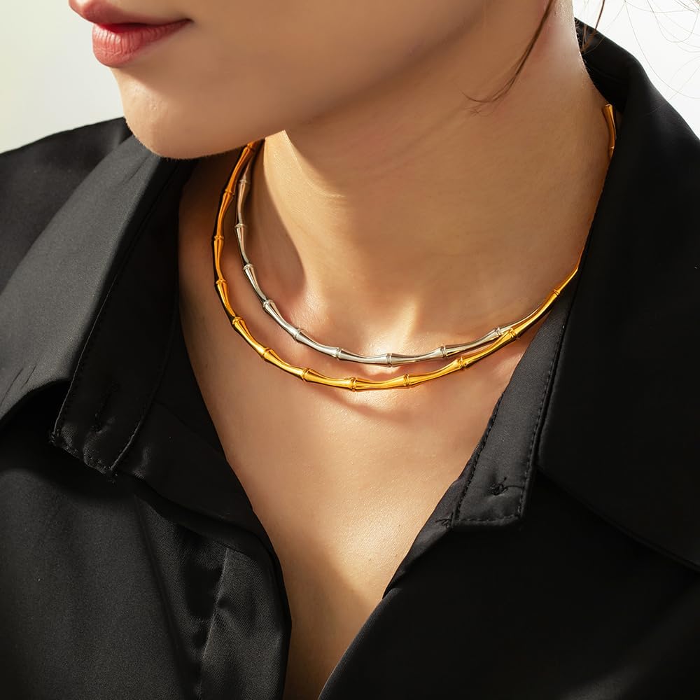 MIREE Bamboo Link Statement Necklace-12.3cm Inner Diameter, 20g Lightweight Gold-Tone Collar Choker