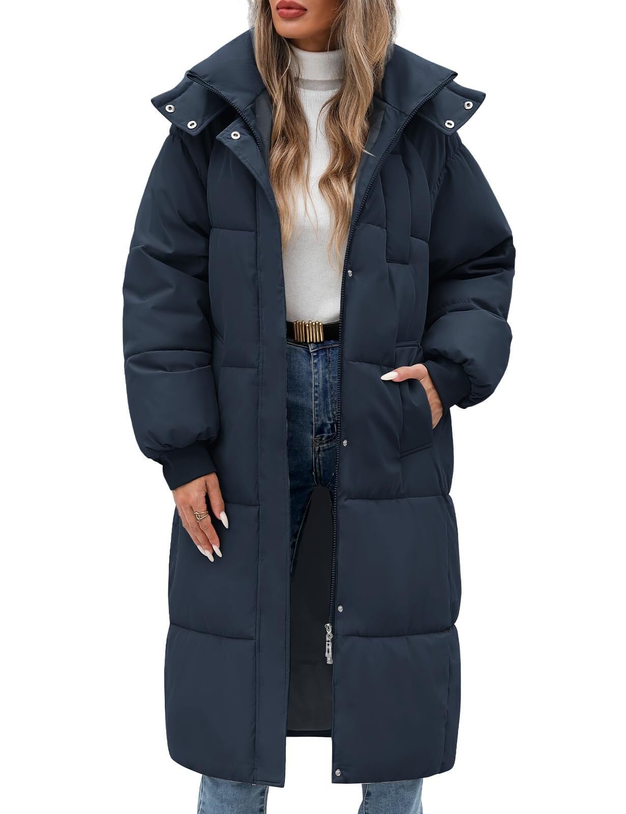 Women's Long Winter Down Coats Padded Puffer Jacket Thickened Hooded Comfort Overcoat Zip Up Hoodie Longline Parka With Pockets For Warm Outwear Outdoor Hiking(Navy,Large)