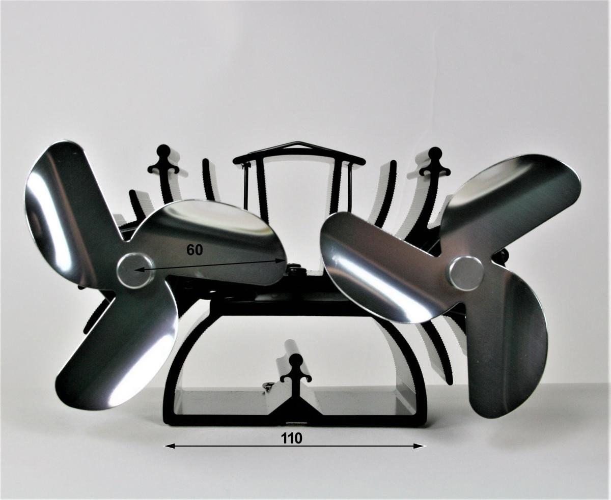 Ventilator für Kaminöfen, Ofenventilator, Kaminventilator, silber 6 Rotorblätter, 13 cm umweltfreundlich- stromlos Doppelventilator