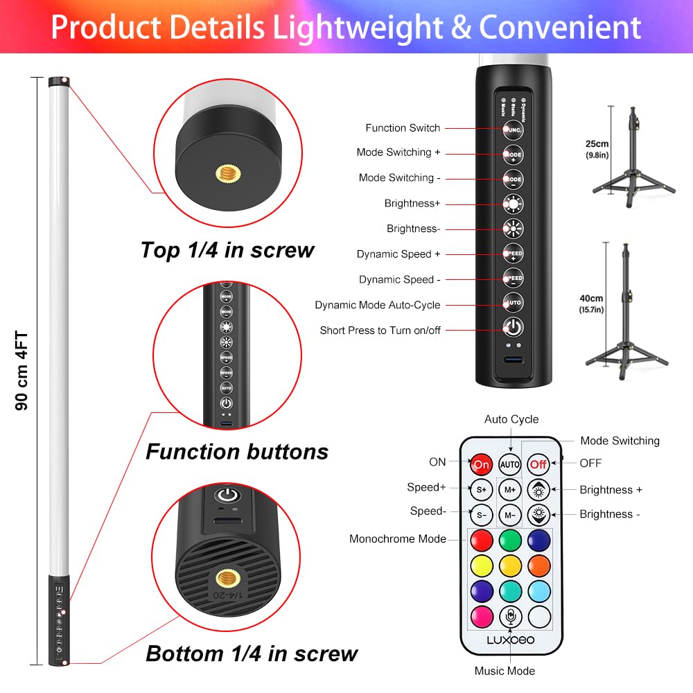 4 Stück 90cm LED Video Lichtstab Mood1 Mit Stativ,LED Handheld Fotografie Lichtdimmbar und Speicher, integrierter Akku,RGB-Fotolampe für YouTube,TikTok,Spiel-Streaming,Partybar,Foto-Beleuchtung