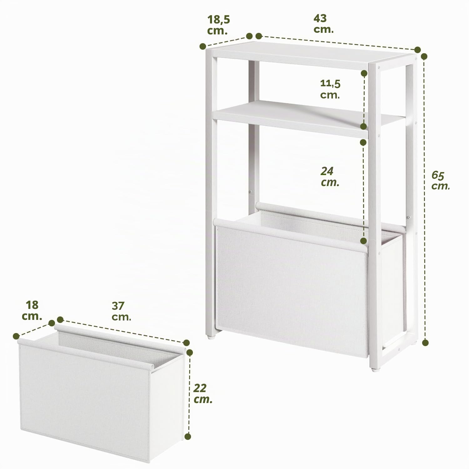IBUYKE Tavolino Sottile con Cestino in Tessuto,3 Livelli Tavolino Piccolo Per Piccoli Spaz, 18 x 43 x 65 cm, Comodino Moderno Per Soggiorno Camera Balcone Cucina,Bianco TMZ009W
