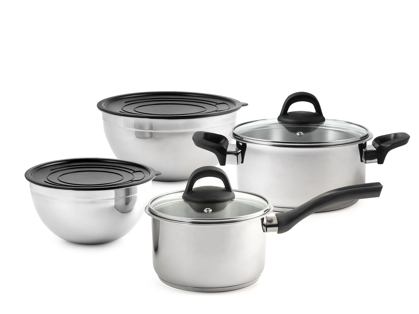 H&H, Batteria di Pentole, 8 Pezzi Avant in Acciaio Inox 18/10, Triplo Fondo per Tutti i Piani Cottura, Inclusa Induzione, con Bowl e Coperchi