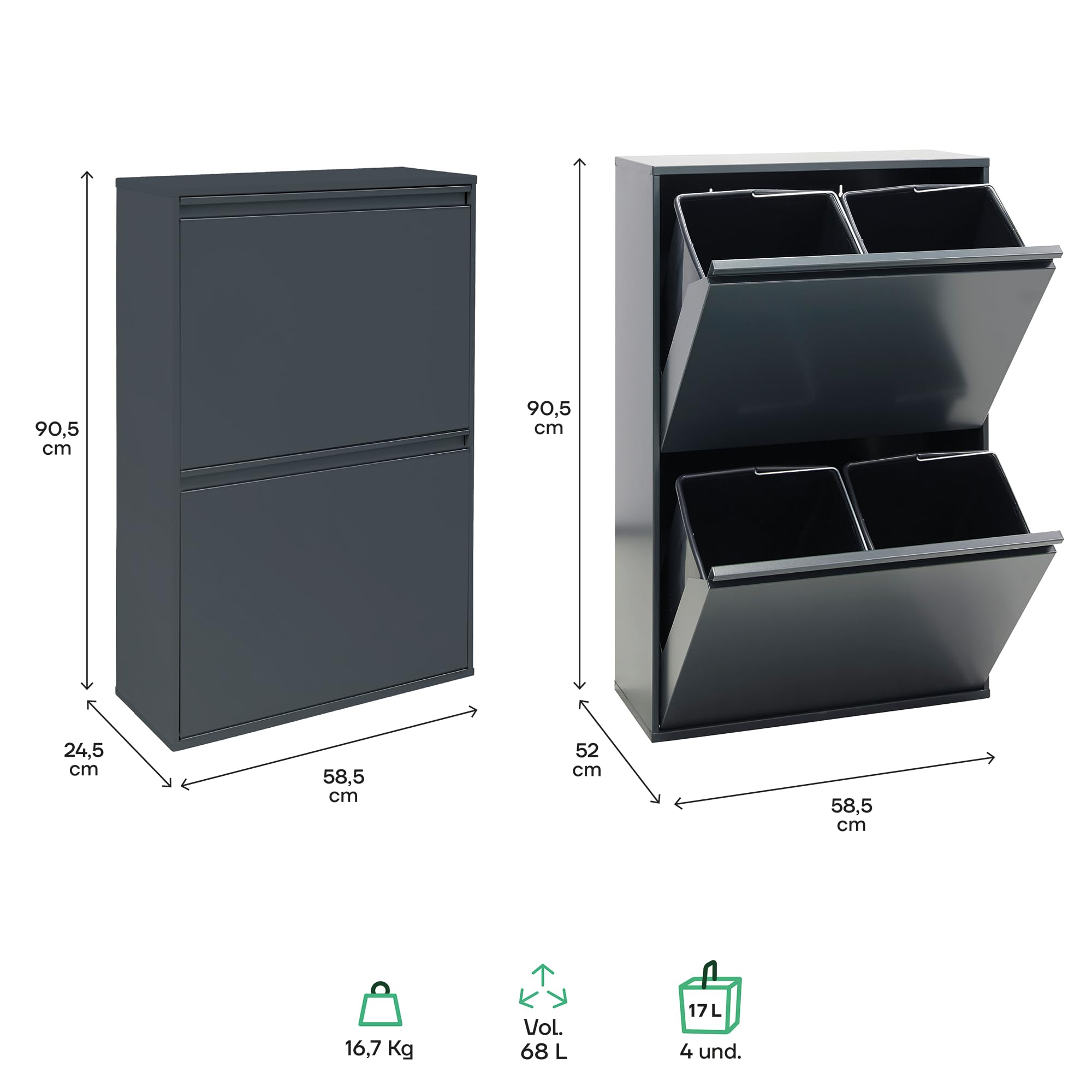 Arregui Basic CR604-B Recykling kosz na śmieci ze stali, system segregacji śmieci z 4 wyjmowanymi wewnętrznymi pojemnikami z tworzywa sztucznego z uchwytem, 4 x 17 l (68 l), antracyt/ciemnoszary