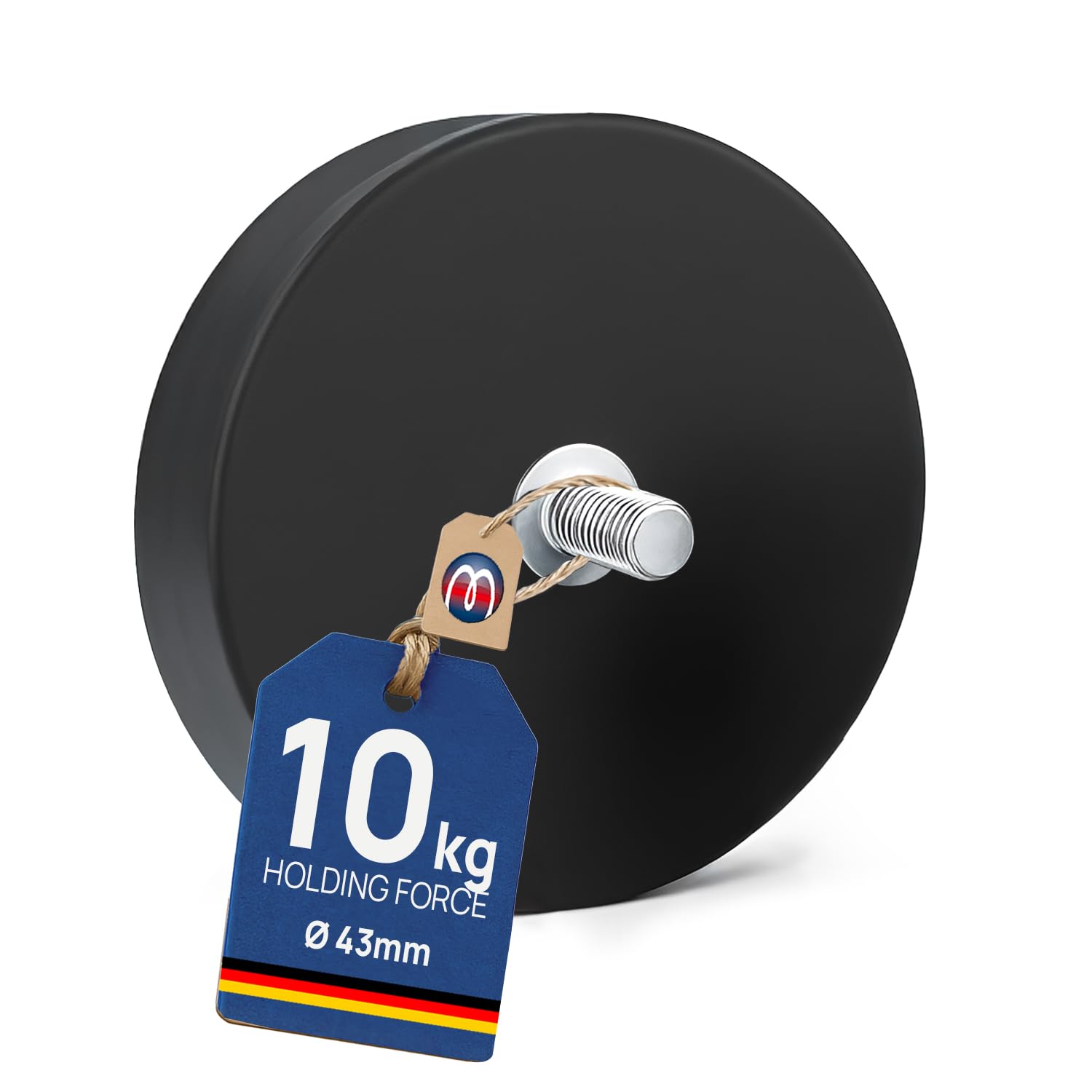 Rubber Coated Neodymium Magnet Ø 22mm - Ø 88mm Threaded Rod, Rubber Jacket, Size:Ø 43mm | M6 x 15 | Force 10kg