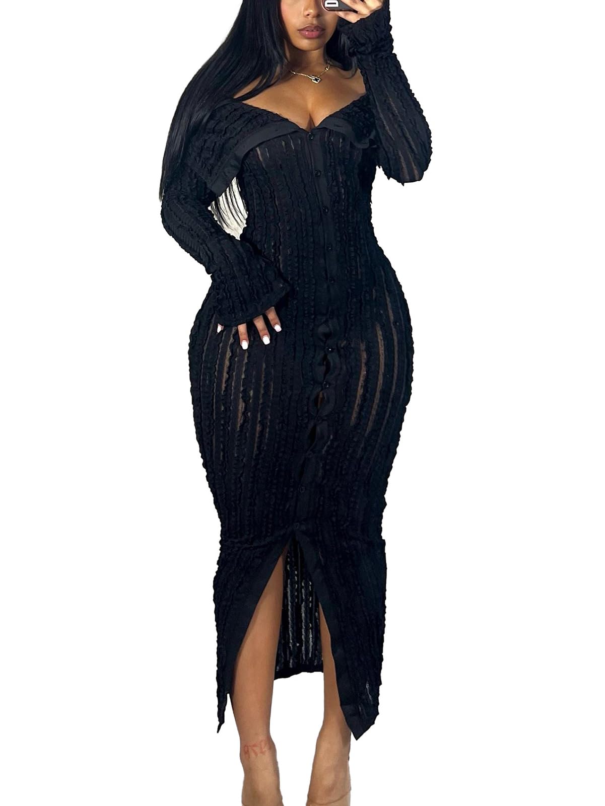 Sexy Button Down Dresses for Women Date Night Off Shoulder See Through Mesh Ruffle Bodycon Maxi Dress