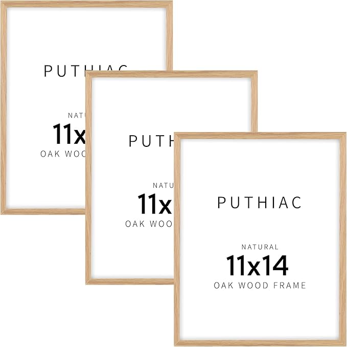 puthiac 11x14 Oak Wood Picture Frame - Minimalist 11x14 Frame Wood for Wall Art Decor, 11"x14" Natural Solid Wood Poster Frames for Wall Art Photo and Prints(3 Pack, Beige)