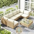 LHBcraft Patio Furniture Set, Large 7 Piece Wicker Outdoor Sectional Furniture Set with Coffee Table, Patio Conversation Sets Sofa, Hand Knitting, All-Weather Cushions for Backyard, Porch, Beige