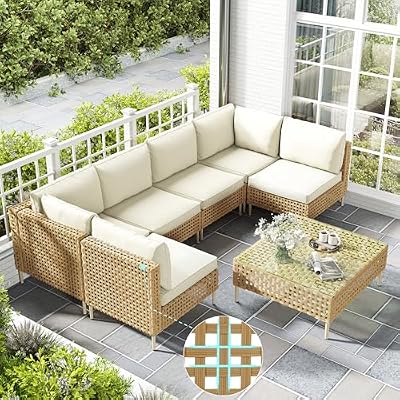 LHBcraft Patio Furniture Set, Large 7 Piece Wicker Outdoor Sectional Furniture Set with Coffee Table, Patio Conversation Sets Sofa, Hand Knitting, All-Weather Cushions for Backyard, Porch, Beige