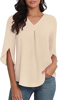 Womens Summer Chiffon Blouses 3/4 Sleeve V Neck Casual Loose Work Tops for Leggings 2025 Flowy Dressy Tshirts