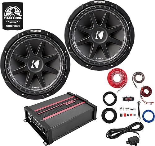 KICKER Paquete de 4 subwoofers y amplificadores - Subwoofers Comp de 300 vatios de 12 pulgadas, amplificador monobloque DS18 clase D y kit completo